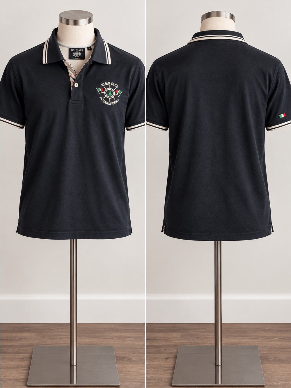Balmain Navy Polo with Cream-Trim Collar and Italian Flag Detail